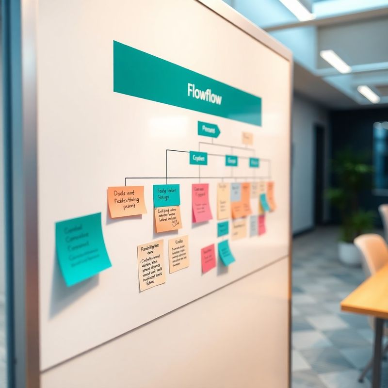Tyrkysové diagramy workflow na whiteboardu se sticky notes